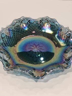 Vintage Iridescent Blue Carnival Glass Decorative Plate 1950's-1970's